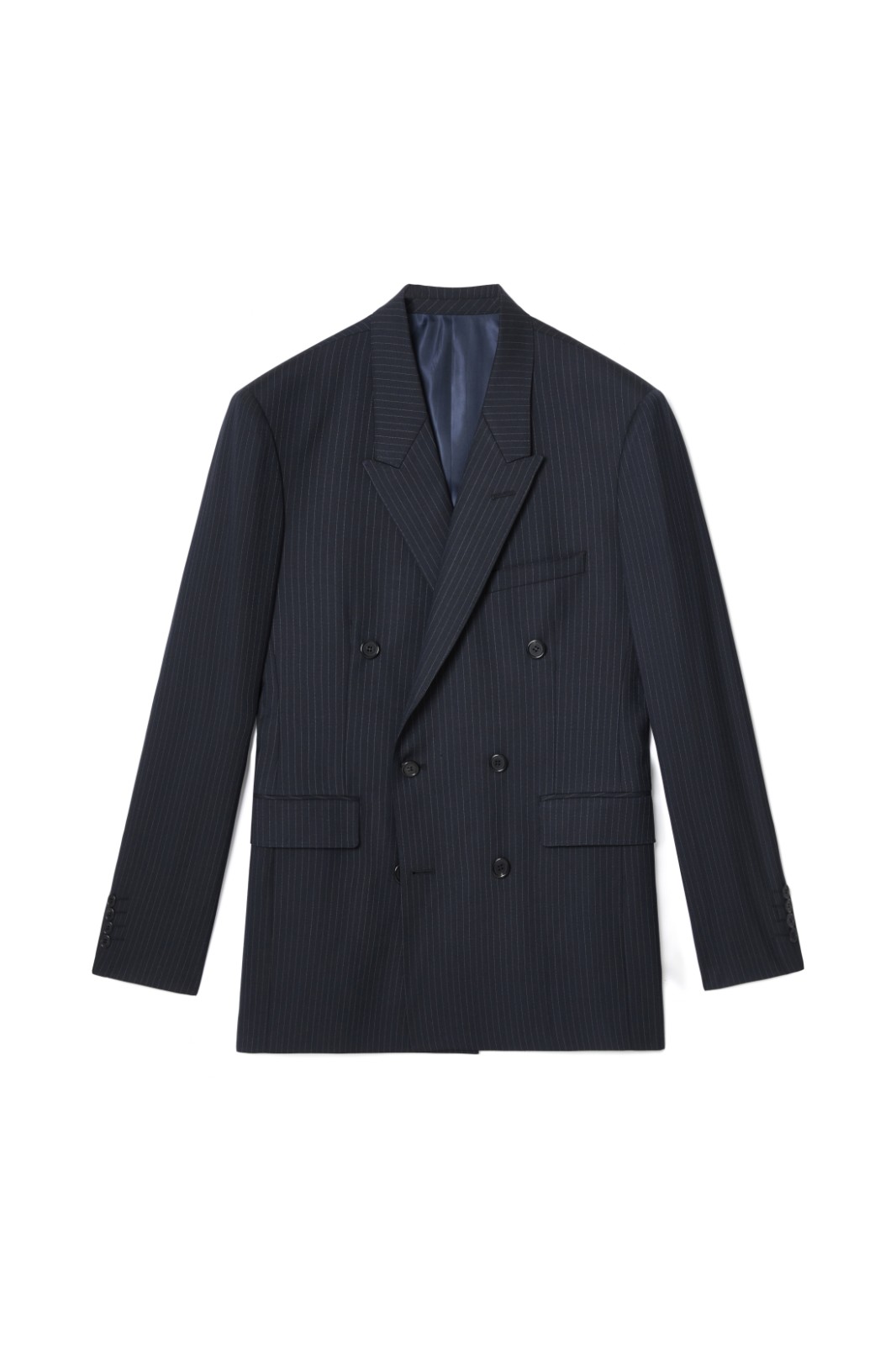 CIRCUSFALSE: DOUBLE BREASTED JACKET IN NAVY PINSTRIPE
